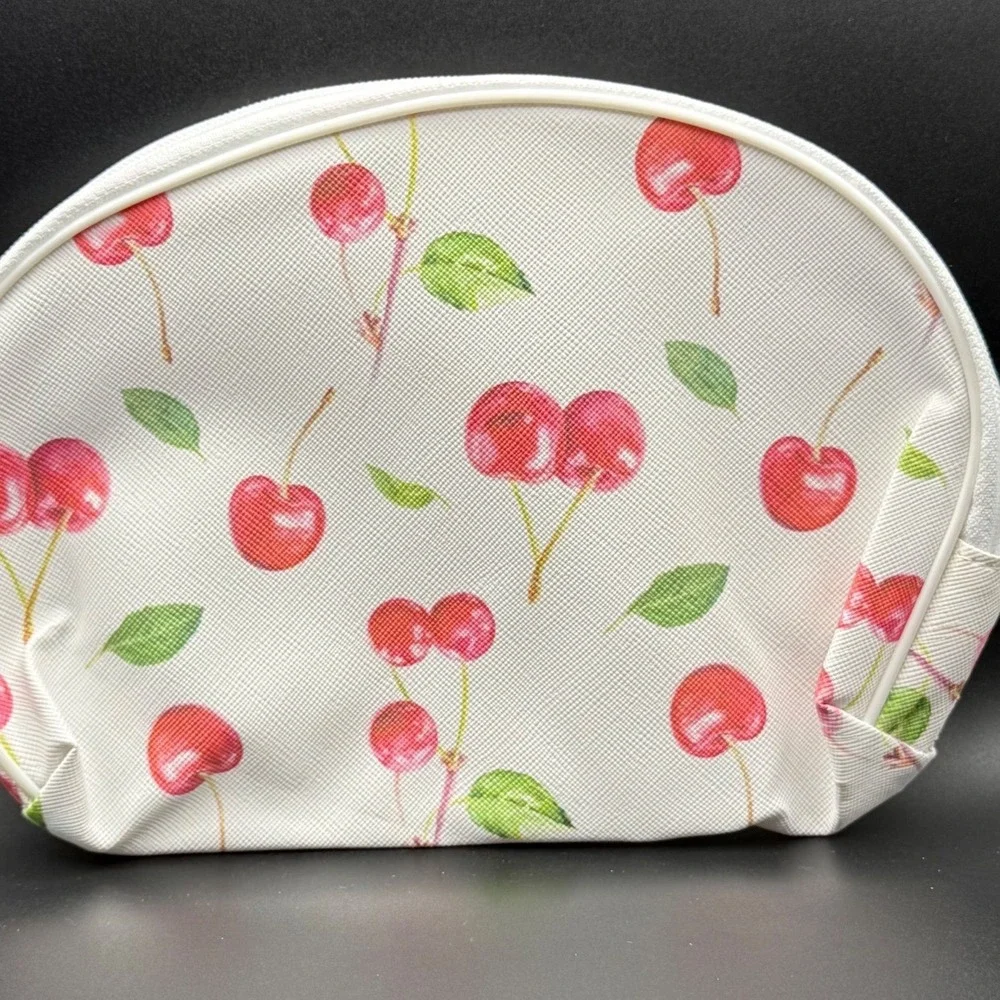 Cherry Print Dome Cosmetic Bag White Red Fruit‎ Pattern Makeup Pouch Organizer